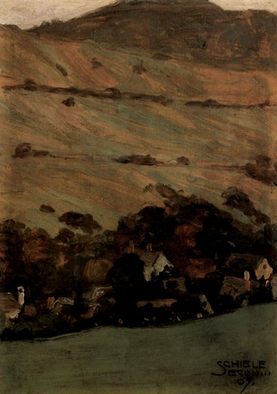 Huizen voor berghelling door Egon Schiele